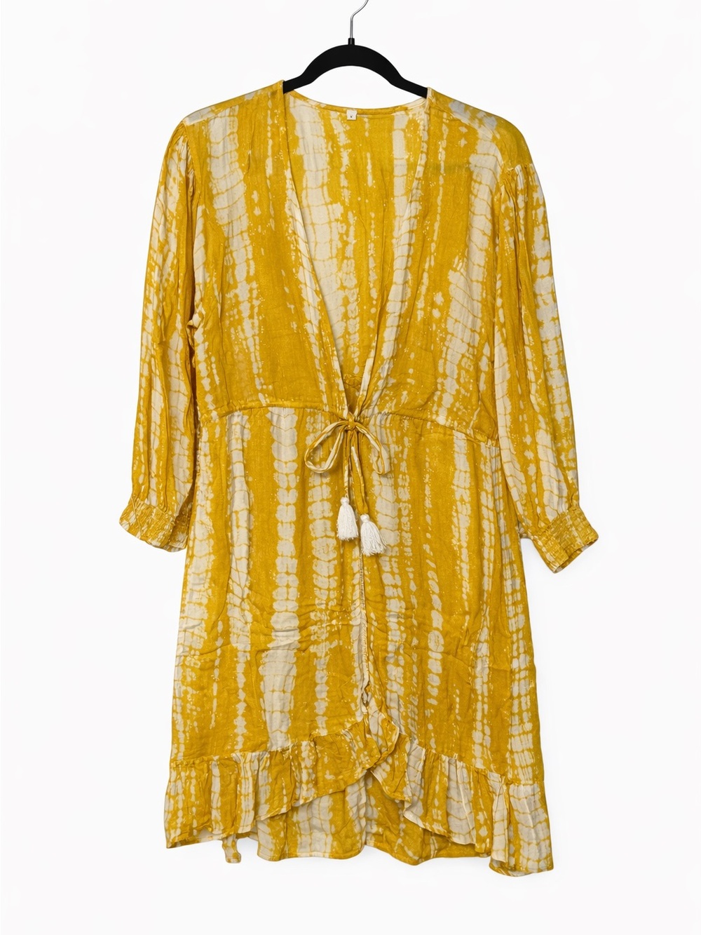 Blue Island Yellow tie-dye wrap dress; swim cover up; ruffle hem Size Large